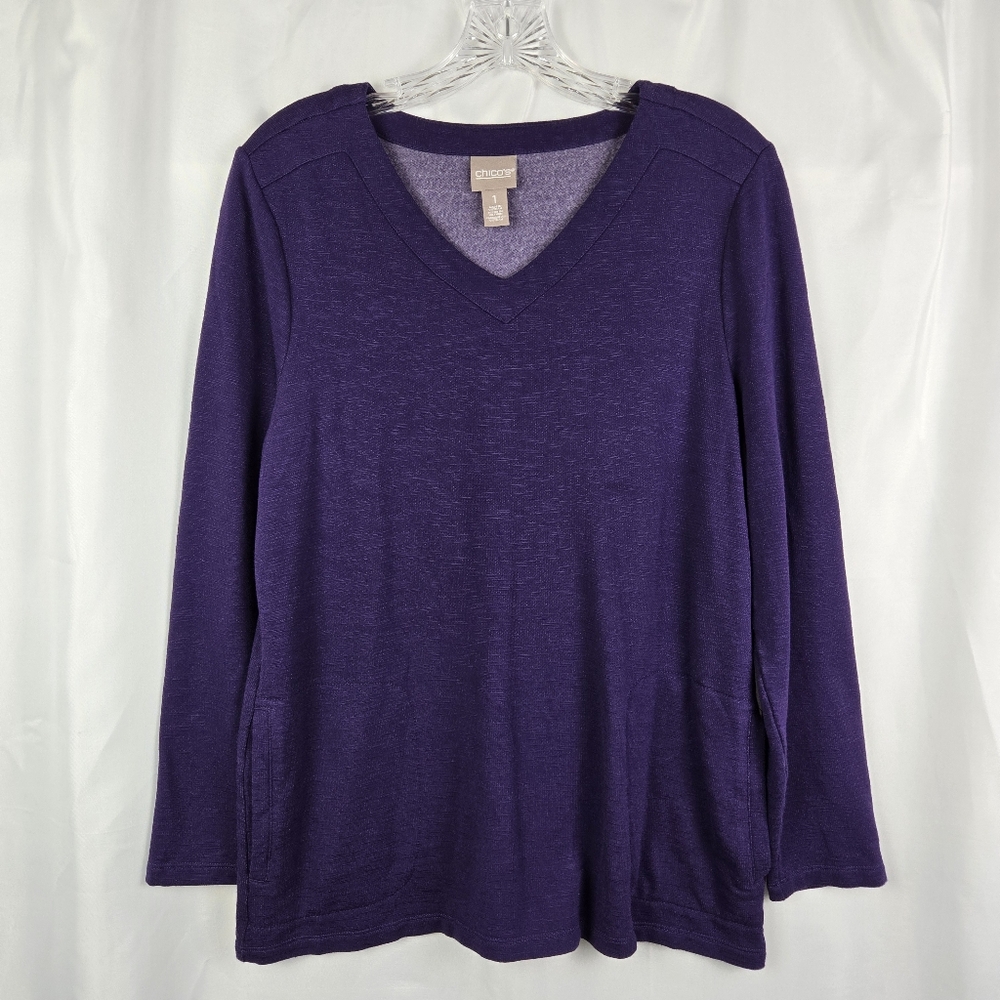Chico's Purple Sweatshirt Feel V-Neck Long Sleeve Tunic Top Womens Medium